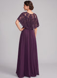 Illusion Scoop Neck Sequin Lace Cape Sleeve Ruched Waist Chiffon A-Line Mother of the Bride Dress