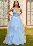 Ball Gown V Neck Sweep Train Tulle Prom Dress with Appliqued Beading Ruffles