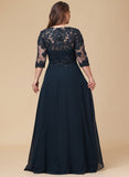 Plus Size A-line Scoop Floor-Length Lace Chiffon Mother of the Bride Dress With Cascading Ruffles Sequins