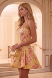 Strapless Floral Print Boned Corset Bubble Skirt Homecoming Dress
