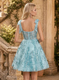 Square Ruffle Straps Sequin Floral Corset Bodice A-Line Tulle Mini Dress