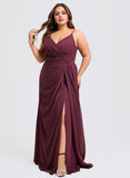 A-line V-Neck Floor-Length Chiffon Bridesmaid Dress With Ruffle