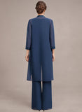3-Piece Jewel Neck Allover Sequin Lace Top, 3/4 Sleeve Sequin Trim Chiffon Mother of the Bride Pantsuit