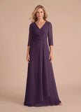V-Neck 3/4 Sleeve Ruched Starburst Chiffon A-Line Mother of the Bride Dress