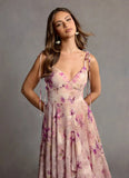 Mauve Floral Chiffon Floor Length V-Neck Maxi Prom Dress