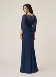 Bateau Neck Lace Applique Cape Sleeve Ruched Chiffon Mother of the Bride Dress