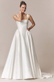 Square Neck Wide Strap Boned Corset Pockets A-Line Satin Wedding Dress with Train