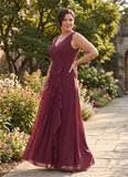 Plus Size 2-Piece V-Neck Crossover Ruched Chiffon Mother of the Bride Dress with 3/4 Sleeve Jacket & Cascade Ruffle