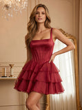 Square Neck Wide Strap Corset Satin Homecoming Dress with Tiered Organza Ruffle Dress & Lace-Up Back