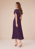 V-Neck Flutter Sleeve Ruched Waist Chiffon Tea Length Mother of the Bride Dress