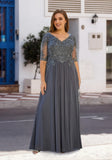 Stretch Mesh Special Occasion Dress with Beaded Metallic Lace Appliqués