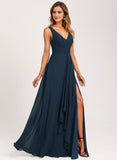 A-line V-Neck Floor-Length Chiffon Bridesmaid Dress With Ruffle