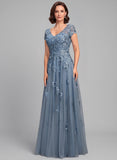 V-Neck Cap Sleeve Allover Rose Lace Applique Tulle A-Line Mother of the Bride Dress