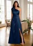 A-Line One Shoulder Stretch Satin Formal Dress with Bow
