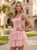 Square Neck Pearl Strap Corset Chiffon Homecoming Dress with Tiered Ruffle Dress & Pockets