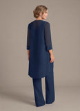 3-Piece Beaded Illusion Neck Chiffon Mother of the Bride Pant Suit with Jacket