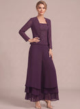 3-Piece Square Neck Beaded Floral Camisole Top, Long Sleeve Chiffon Jacket & Tiered Wide-Leg Pants Mother of the Bride Pantsuit