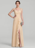 A-line V-Neck Floor-Length Lace Chiffon Mother of the Bride Dress With Cascading Ruffles