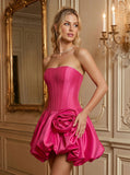 Strapless Corset Pearl Trim 3D Rose Bubble Skirt Satin Mini Dress