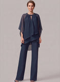 2-Piece Beaded Jewel Neck Batwing Sleeve Tiered Chiffon Pantsuit