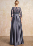 A-line Scoop Illusion Floor-Length Satin Lace Mother of the Bride Dress With Sequins Bow