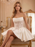 Strapless Ruched Lace Satin Boned Corset Lace-Up Back Fit and Flare Mini Dress