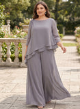 Plus Size Bateau Neck Beaded Shoulder 3/4 Sleeve Double-Tiered Asymmetric Chiffon Top & Wide-Leg Pants Mother of the Bride Pantsuit