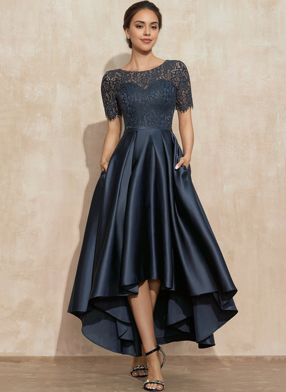 A-line Scoop Illusion Asymmetrical Satin Lace Mother of the Bride Dres RoseProm A-line Scoop Illusion Asymmetrical Satin Lace Mother of the Bride Dres RoseProm
