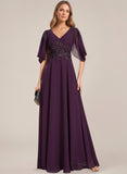 V-Neck Flutter Sleeve Sequin Floral Applique Empire Waist A-Line Chiffon Mother of the Bride Dress