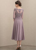 A-line Scoop Illusion Tea-Length Lace Chiffon Mother of the Bride Dress With Cascading Ruffles