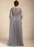 A-line Scoop Illusion Floor-Length Chiffon Lace Mother of the Bride Dress With Ruffles