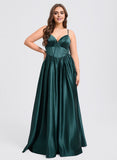 Plus Size Ball-Gown/Princess V-Neck Floor-Length Satin Prom Dresses With Pleated