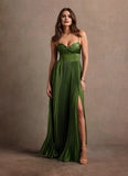 V-Neck Satin Pleated A-Line Maxi Prom Dress