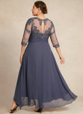 Plus Size A-line Scoop Illusion Asymmetrical Lace Chiffon Mother of the Bride Dress With Cascading Ruffles