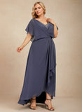 A-line V-Neck Asymmetrical Chiffon Mother of the Bride Dress With Sequins Beading Cascading Ruffles