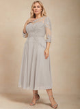 A-line Scoop Illusion Tea-Length Chiffon Lace Mother of the Bride Dress With Sequins