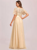 Women's Crew Neck Sequin Ruffle Sleeve Empire Waist Beaded Long Evening Dresses