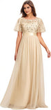 Women's Crew Neck Sequin Ruffle Sleeve Empire Waist Beaded Long Evening Dresses