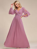 Women's V Neck Long Sleeves Floor Length Ruched Chiffon Formal Dress