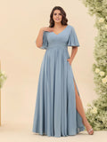 A-Line Chiffon V-Neck Ruffle Sleeves Floor-Length Bridesmaid Dresses with Slit