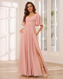 A-Line Chiffon V-Neck Ruffle Sleeves Floor-Length Bridesmaid Dresses with Slit