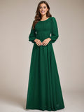 Women's Crewneck Long Lantern Sleeves Floor Length A-Line Pleated Chiffon Formal Dress