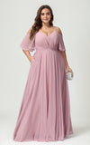 A-Line/Princess Spaghetti Straps Half Sleeves Chiffon Plus Size Bridesmaid Dresses with Pockets