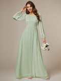 Women's Crewneck Long Lantern Sleeves Floor Length A-Line Pleated Chiffon Formal Dress