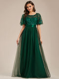 Women's Crew Neck Sequin Ruffle Sleeve Empire Waist Beaded Long Evening Dresses