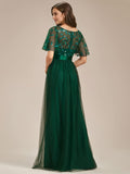 Women's Crew Neck Sequin Ruffle Sleeve Empire Waist Beaded Long Evening Dresses