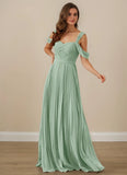 Pleated Off Shoulder Chiffon A-Line Bridesmaid Dress