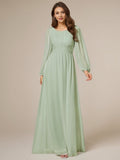 Women's Crewneck Long Lantern Sleeves Floor Length A-Line Pleated Chiffon Formal Dress