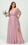 A-Line/Princess Spaghetti Straps Half Sleeves Chiffon Plus Size Bridesmaid Dresses with Pockets