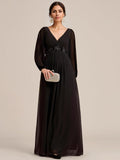 Women's V Neck Long Sleeves Floor Length Ruched Chiffon Formal Dress